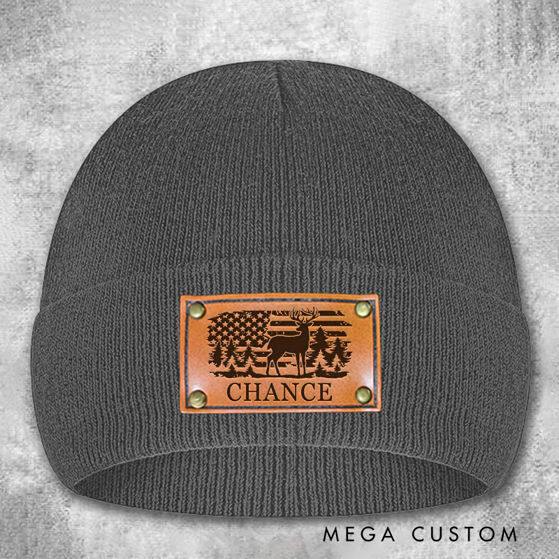 Personalized Leather Patch Beanie Custom Deer and Forest Design with American Flag Knitted Hat Hunter Gift for Husband Dad Boyfriend