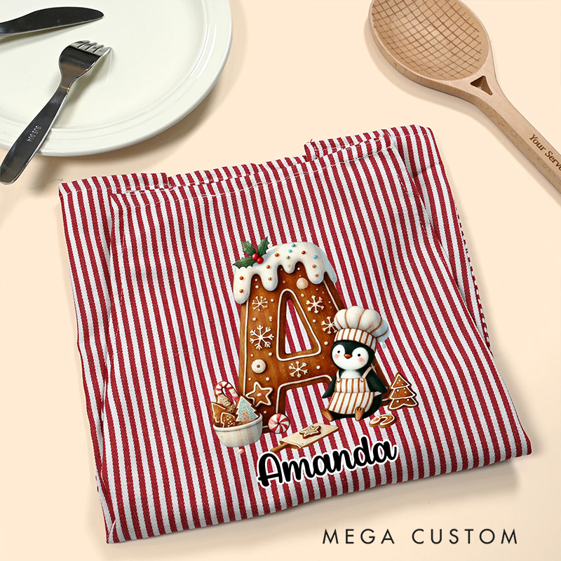 Personalized Christmas Penguin Biscuit Initial Kid Adult Baking Apron with Name and Front Pocket Birthday Christmas Gift for Kids Family