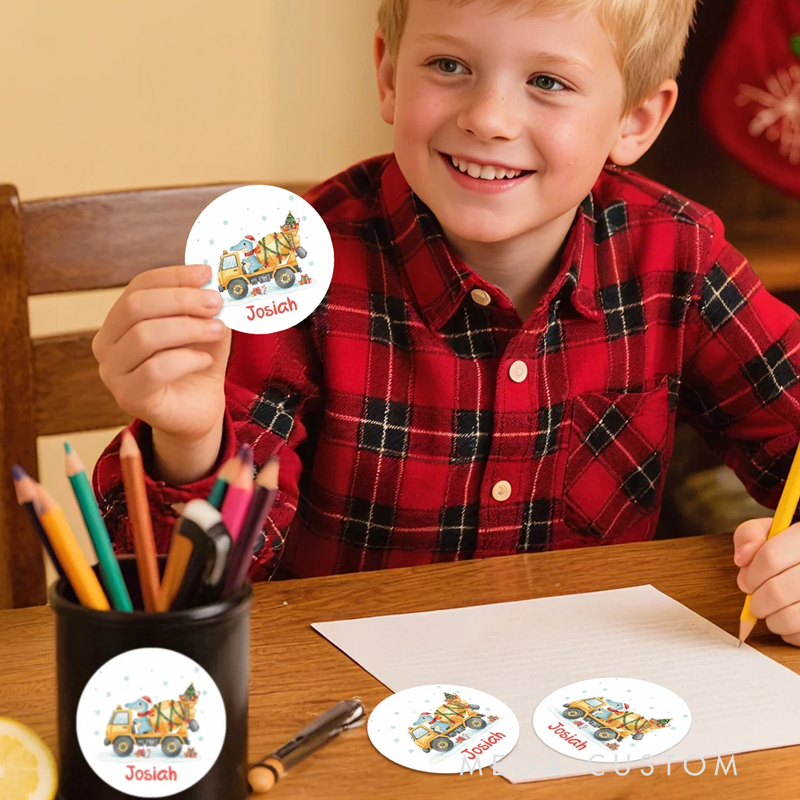 Personalized Cute Dinosaur Construction Vehicles Waterproof Stickers with Name Gift Decor Christmas Party Favors for Boys Dinosaur Lovers