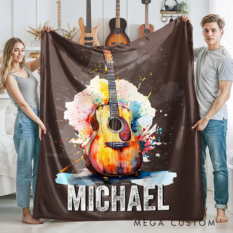 Personalized Multicolor Splash Ink Electric Guitar Soft Throw Blanket with Name Music Room Decor Gift for Guitar Player