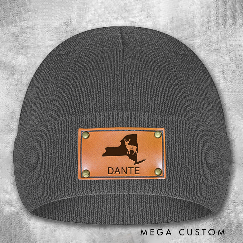 Personalized Any State Whitetail Deer Hunting Firearm Snap Back Patch Beanie Custom Hunter Winter Hat Gift for Husband Dad Boyfriend