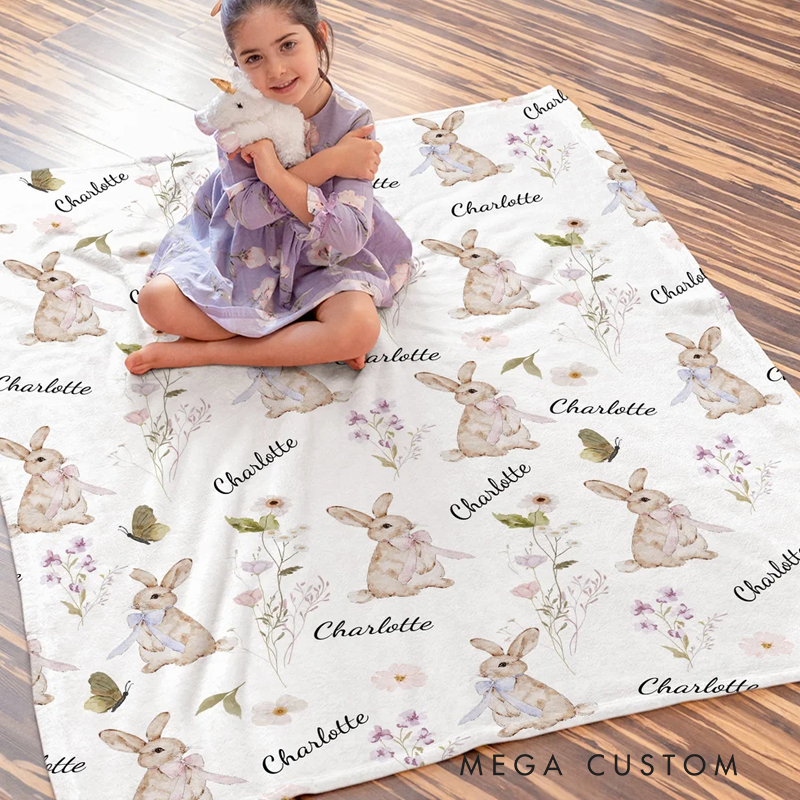 Personalized Wildflower Rabbit Soft Throw Blanket with Name Home Decor Anniversary Birthday Gift for Family Baby