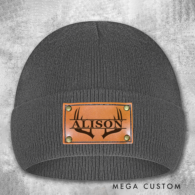 Personalized Leather Patch Beanie Custom Name Hat Hunting Winter Hat Gift for Husband Him Boyfriend