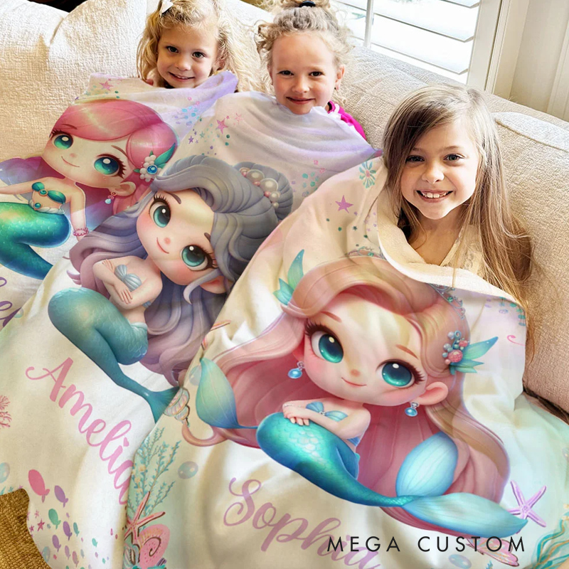 Personalized Fantasy Mermaid Soft Throw Blanket with Name Home Decor Birthday Gift for Girls Mermaid Lovers