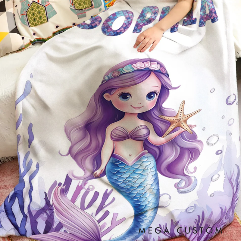 Personalized Fantasy Mermaid Underwater World Soft Throw Blanket with Name Home Decor Birthday Gift for Girls