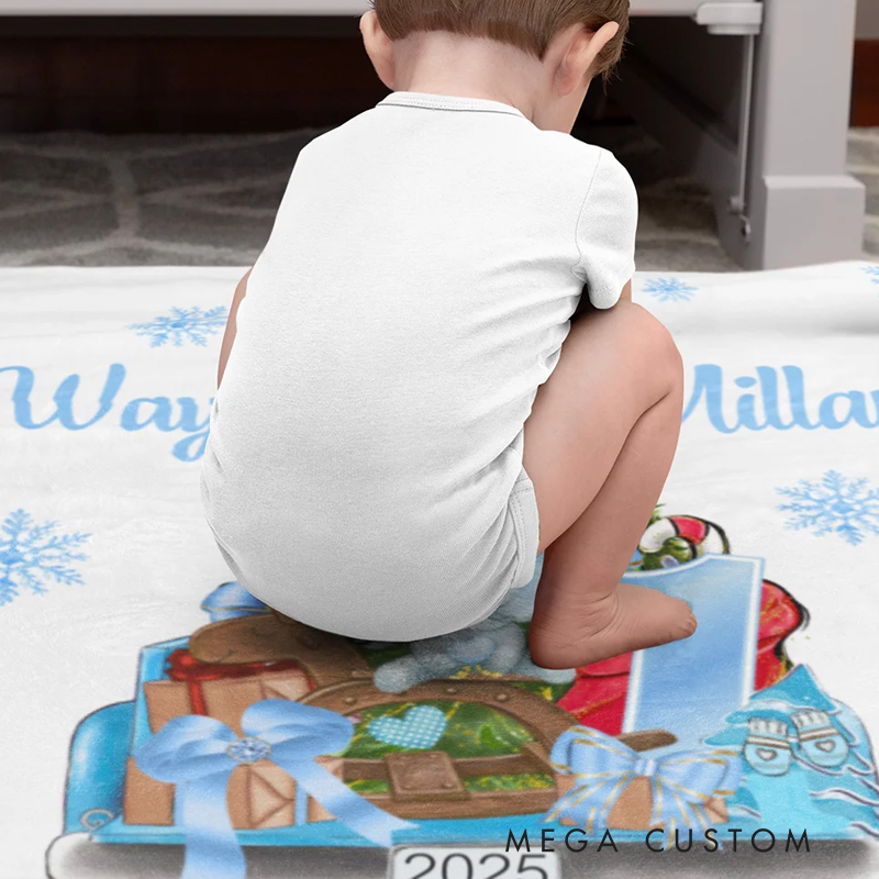 Personalized Baby's First Christmas Blanket Cute Animal on Gift Truck Sofa Blanket with Name Holiday Home Decoration Christmas Gift for Family Kid