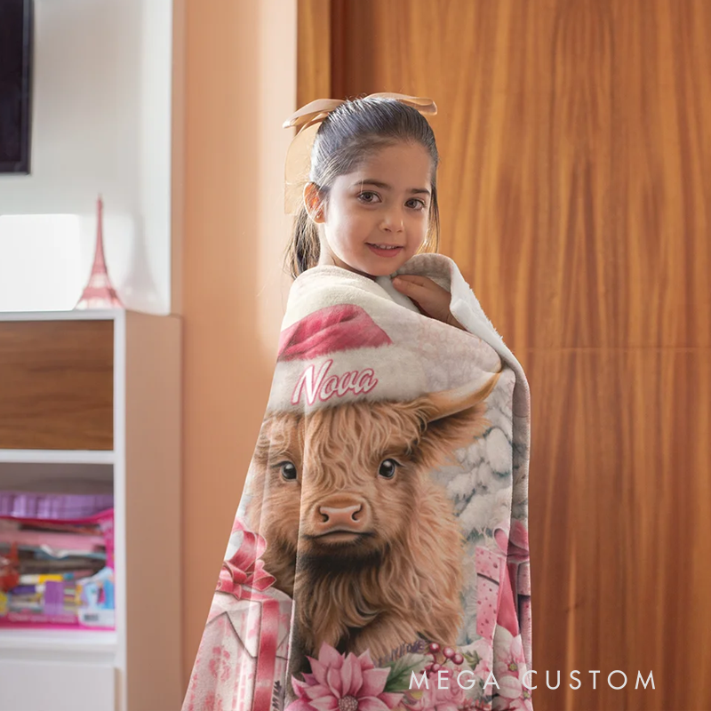Personalized Pink Floral Highland Cow Blanket with Name Christmas Gift for Highland Cow Lover