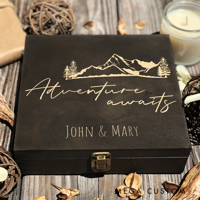 Personalized Wooden Keepsake Box Engraved Adventure Awaits Outdoor Adventures Memory Box Wood Memorial Box Gift for Outdoor Lover