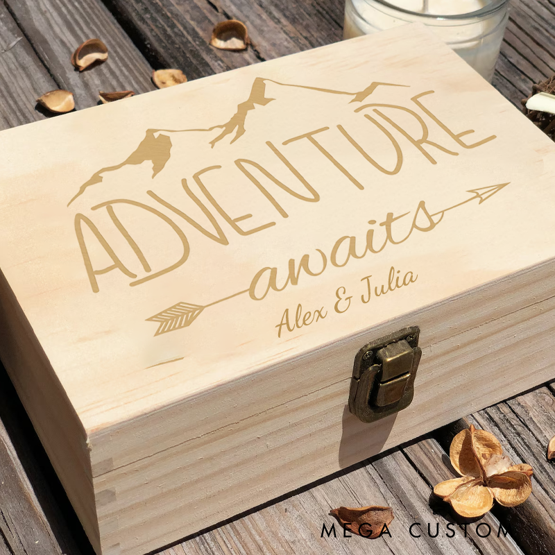 Personalized Adventure Memory Box Engraved Rustic Keepsake Custom Photo Box Adventure Awaits Memorial Box Gift for Outdoor