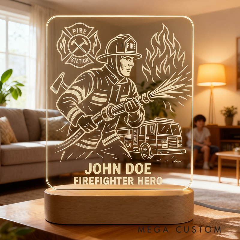 Personalized Firefighter Hero LED Night Light Laser Engraved Acrylic LED for Fireman Gift