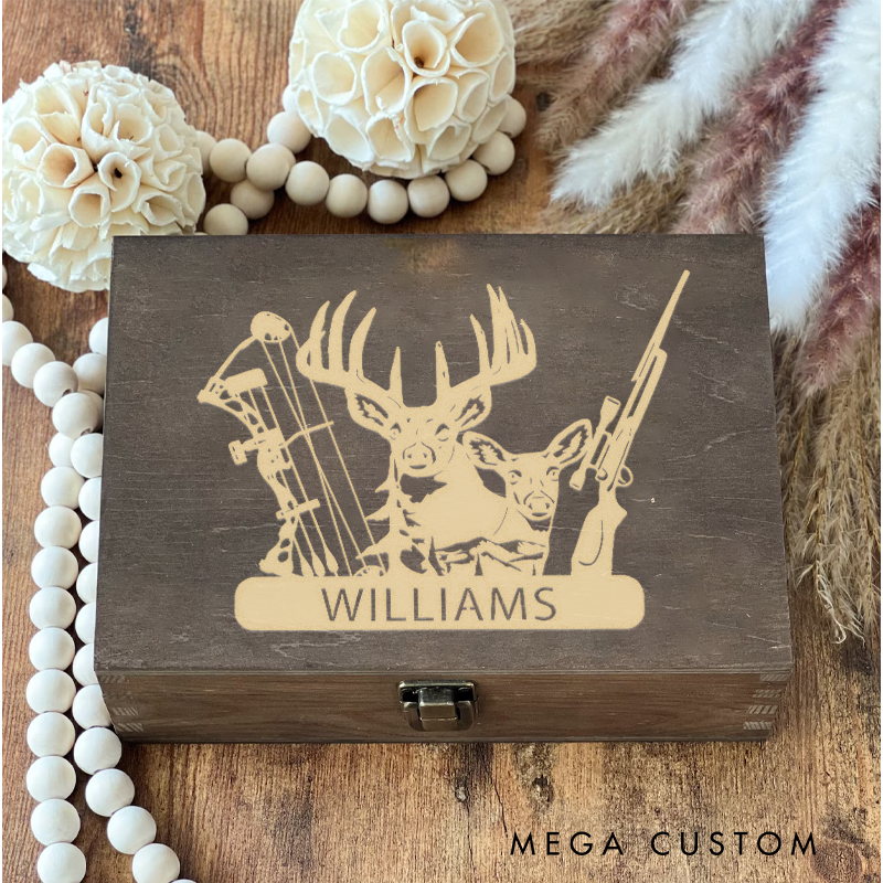 Personalized Deer Hunter Wooden Keepsake Box Engraved Bow and Hunting Rifle Memory Box Gift for Hunting Lover Husband Boyfriend