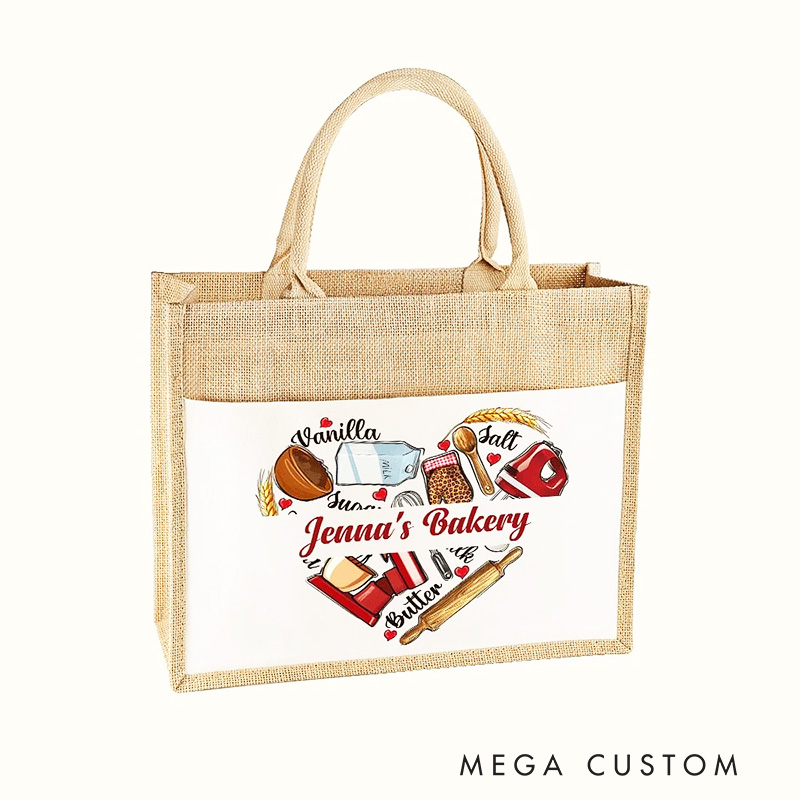 Personalized Baking Tools Love Heart Large Capacity Jute Tote Bag with Name Birthday Gift for Cooking Lovers