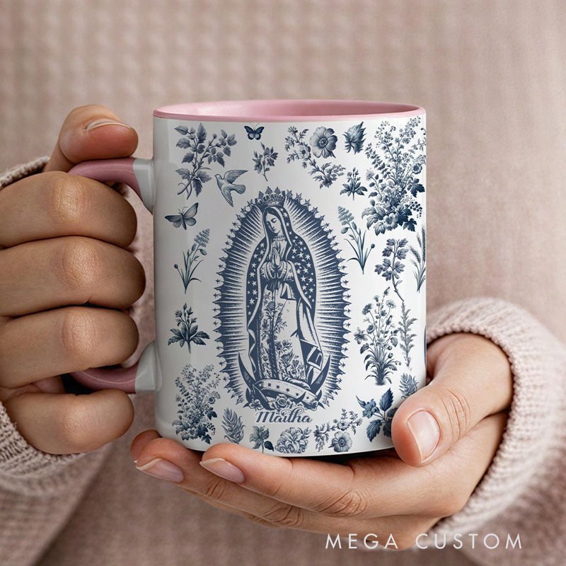 Personalized Our Lady of Guadalupe 11oz Ceramic Mug with Name French Toile Virgin Mary Catholic Mug Religious Marian Coffee Cup Catholic Gift