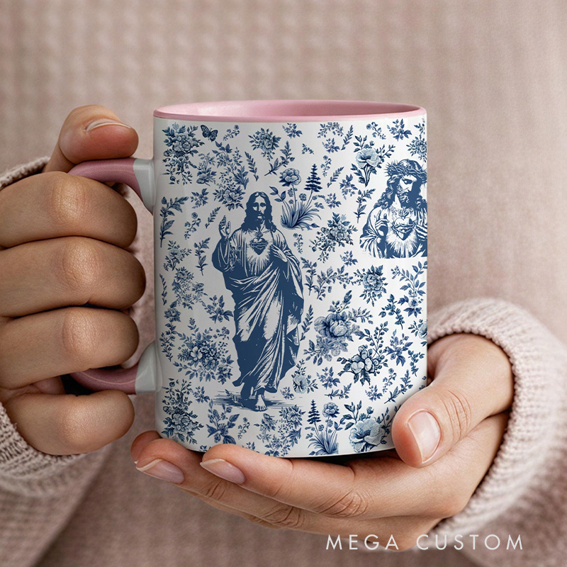Personalized Sacred Heart of Jesus 11oz Ceramic Mug with Name Blue Toile Coffee Cup Christian Prayer Faith Tea Mug Catholic Gift for Mom or Grandma