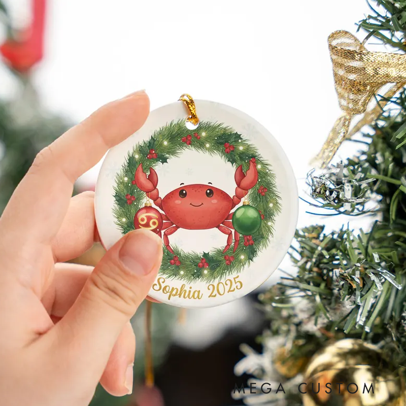 Personalized Cancer Christmas Ornament Ceramic Zodiac Crab Christmas Decoration Astrology Holiday Keepsake With Name Birthday Gift