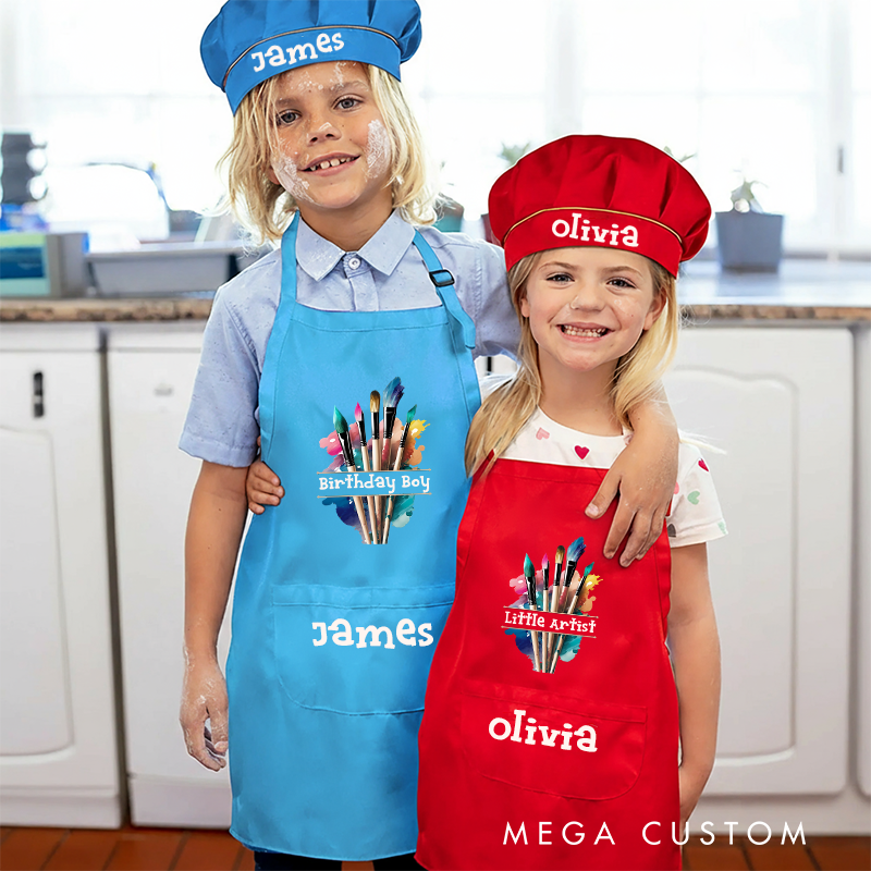 Personalized Paintbrush Design Kids Art Apron Art Party Apron Chef Hat Set with Name Cooking Handcraft Activities Birthday Holiday Gift for Kids