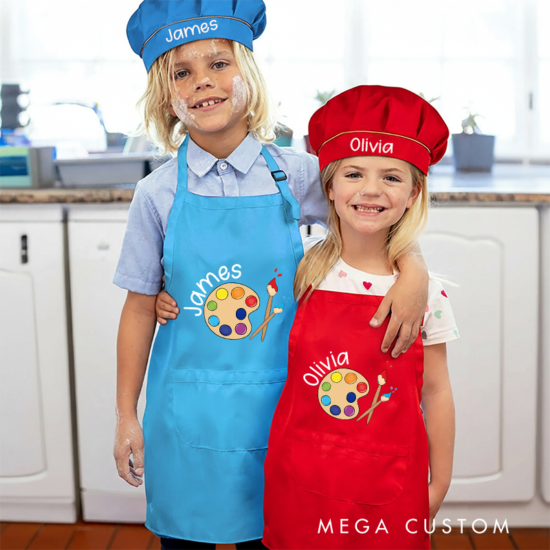 Personalized Colorful Palette Kids Art Apron Art Party Apron Chef Hat Set with Name Cooking Handcraft Activities Birthday Holiday Gift for Kids