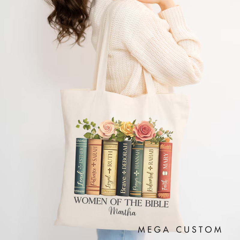 Personalized Women of the Bible Canvas Tote Bag with Name Church Bible Study Daily Use Floral Christian Book Tote Birthday Religious Gift for Women