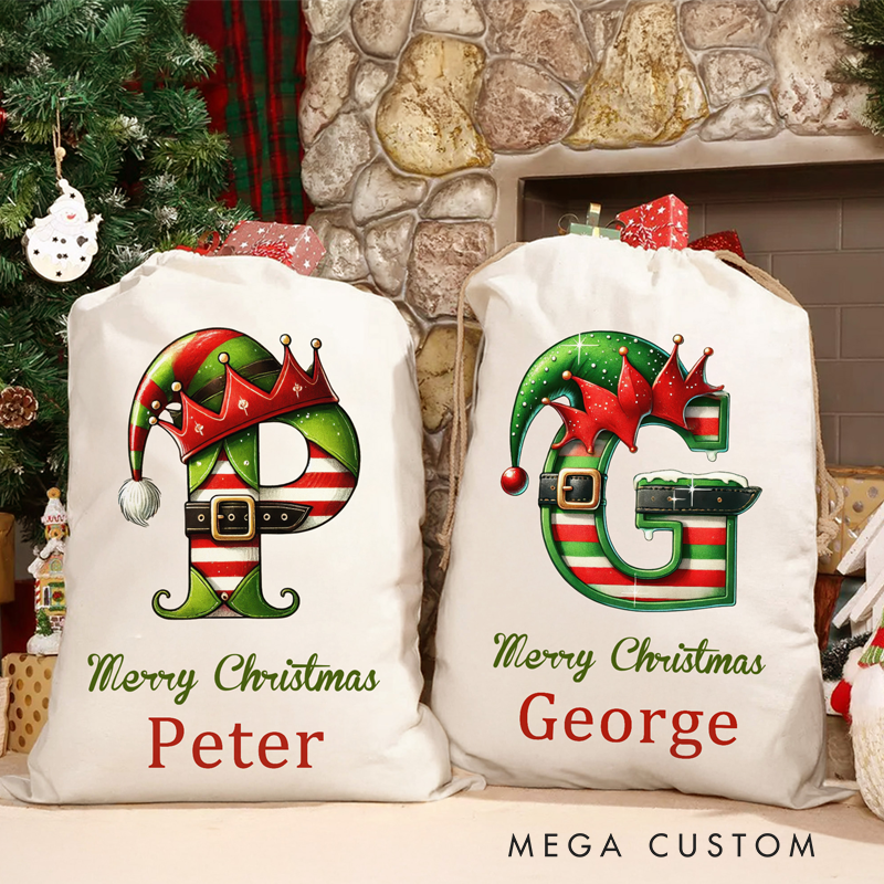 Personalized Santa Sack with Custom Name Holiday Gift Bag for Kids Family Christmas Elf Hat Initial Name Gift Bag 