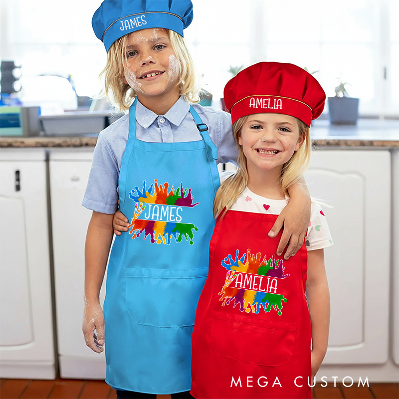 Personalized Vibrant Paint Splash Kids Art Apron Art Party Apron Chef Hat Set with Name Cooking Handcraft Activities Birthday Holiday Gift for Kids