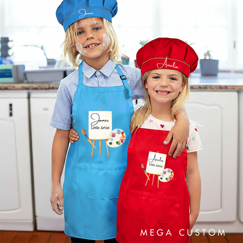 Personalized Little Artist Kids Art Apron Art Party Apron Chef Hat Set with Name Cooking Handcraft Activities Birthday Holiday Gift for Kids