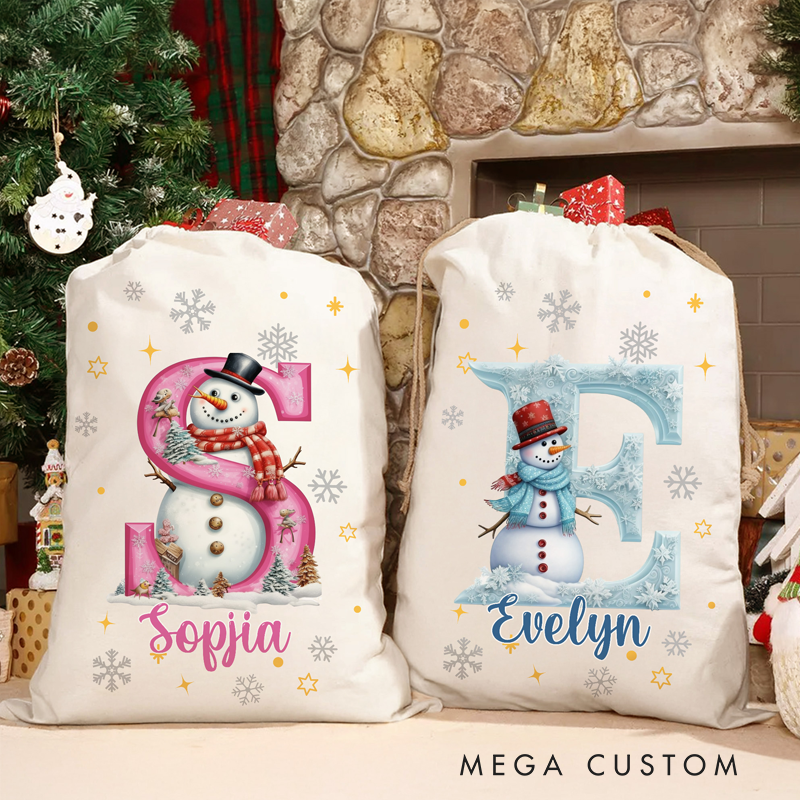 Personalized Snowman Christmas Gift Bag Custom Initial & Name Holiday Sack