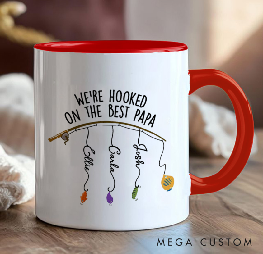 Personalized Fishing Themed Mug Hooked on the Best Mug Fathers Day Gift Cusrtom Kids' Names Perfect Gift for Dad Father’s Day or Birthday