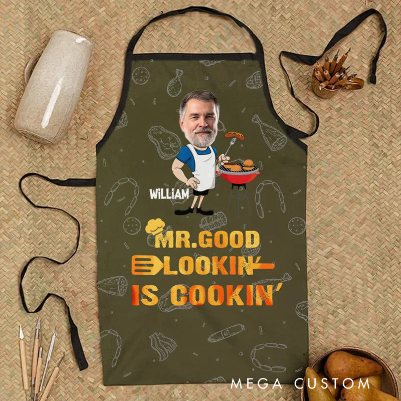 Personalized Funny MR. GOOD LOOKIN Face Photo Barbecue Waterproof Adjustable Men's Apron with Name Father's Day Birthday Gift for Man BBQ Master