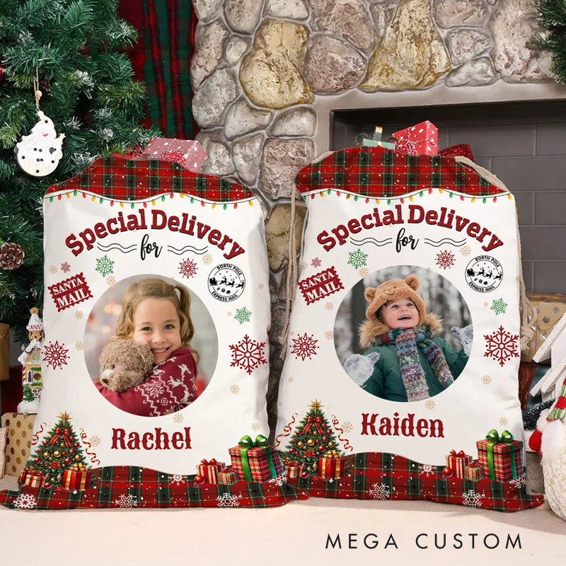 Personalized Christmas Tree Snowflake Checkered Christmas Gift Bag with Name and Photo Christmas Gift for Boys Girls