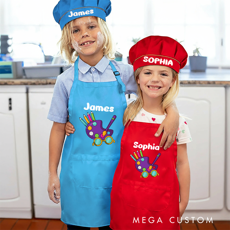 Personalized Art Palette Kids Art Apron Art Party Apron Chef Hat Set with Name Cooking Handcraft Activities Birthday Holiday Gift for Kids