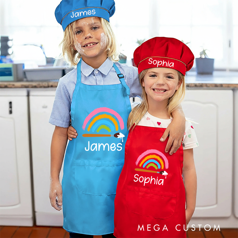 Personalized Art Rainbow Kids Art Apron Art Party Apron Chef Hat Set with Name Cooking Handcraft Activities Birthday Holiday Gift for Kids