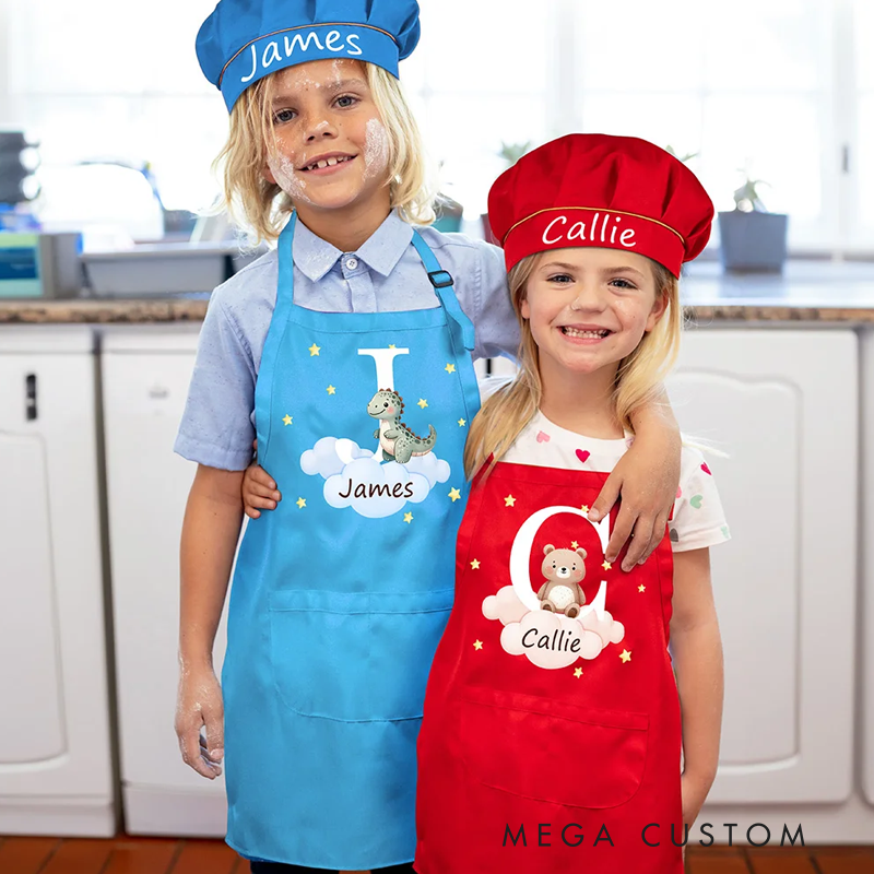 Personalized Cute Forest Animal Panda Elephant Adjustable Kid Apron Chef Hat Set with Name and Initial Handcraft Activities Birthday Gift for Kids