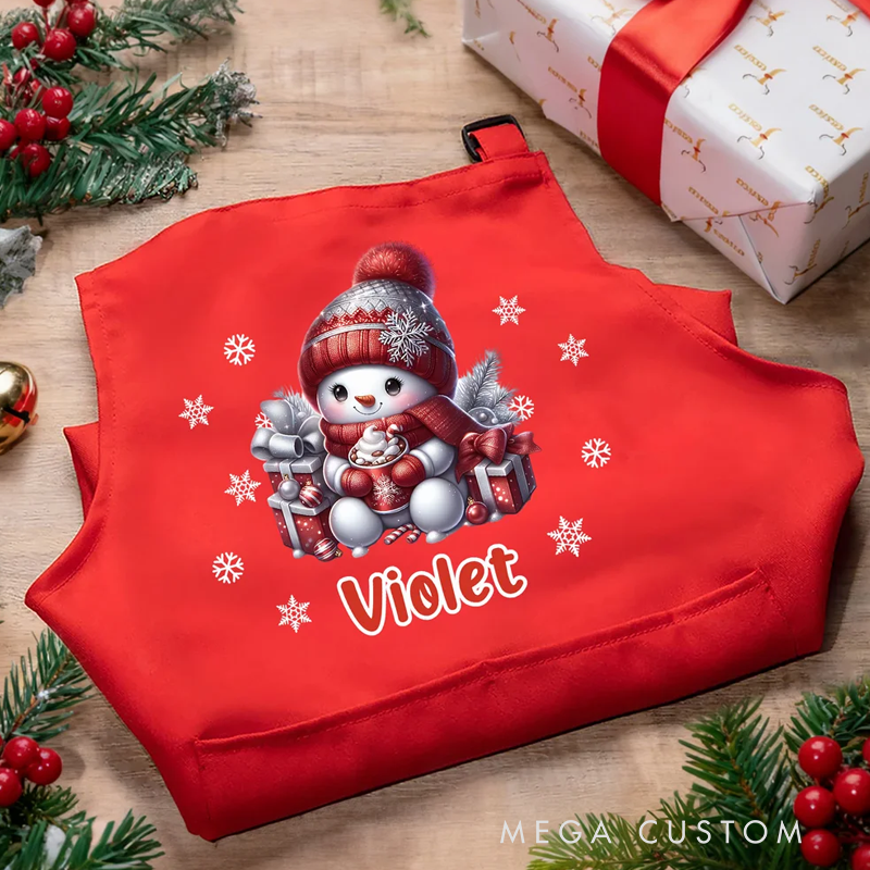 Personalized Cute Christmas Snowman Adjustable Kid Apron Chef Hat Set with Name and Pocket for Cooking Holiday Christmas Gift for Boys Girls