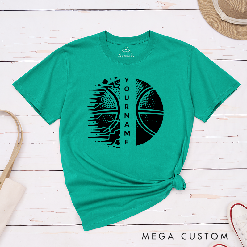 Personalized Basketball T-Shirt Design Featuring Custom Name Split Basketball Graphic with Dynamic Halftone and Shattered Effects
