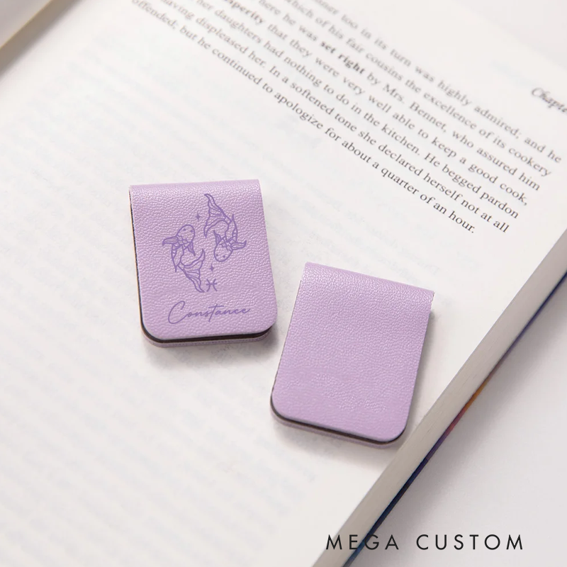 Personalized Hand-Drawn Style Zodiac Sign Magnetic Leather Bookmark Clip with Name Reading Stationary Supplies Birthday Gift for Book Lovers