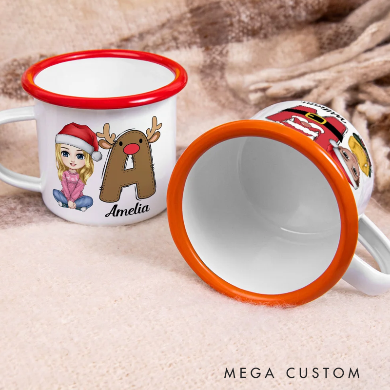 Personalized Santa Elf Reindeer Snowman Initial Cartoon 12oz Colored Rim Enamel Mug with Name Christmas Festival Gift for Kids Family