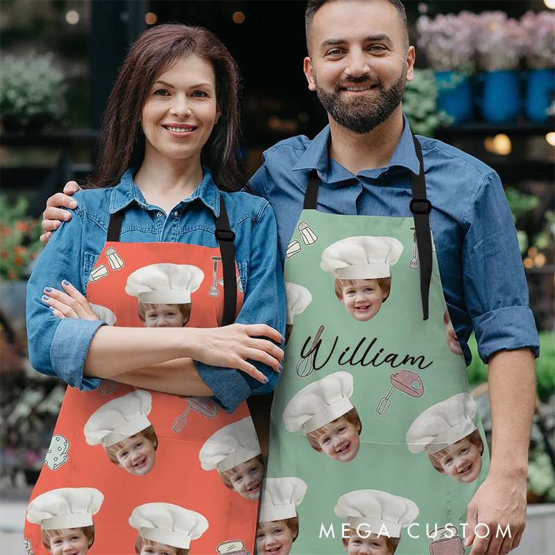 Personalized Cute 1-3 Chef Hat Photos Avatar Apron with Adjustable Neck Strap Baking Apron with Name for Family Baking Lover