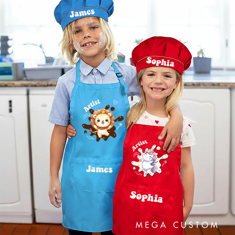 Personalized Cartoon Animal Kids Art Apron Fantasy Unicorn Kid Apron Hat Set with Name Cooking Handcraft Activities Birthday Holiday Gift for Kids