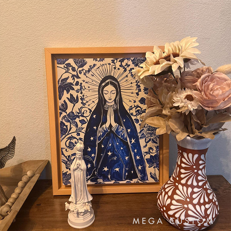 Personalized Our Lady of Guadalupe Frameless Canvas Painting with Name Vintage Blue Beige Catholic Canvas Spiritual Virgin Mary Wall Decor for Prayer