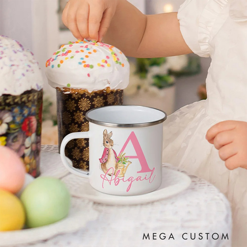 Personalized Cute Rabbit Bunny 12oz Enamel Mug with Initial and Name Back to School Birthday Easter Gift for Kids