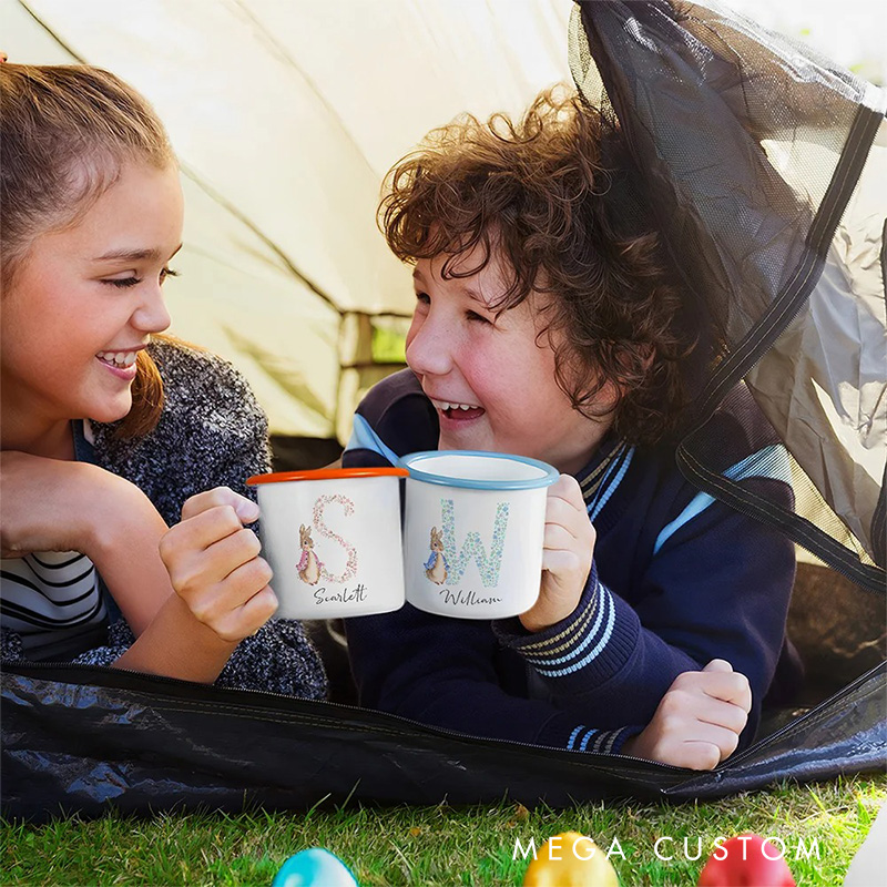 Personalized Flora Cute Rabbit Bunny Enamel Mug with Initial and Name Back to School Birthday Easter Gift for Kids