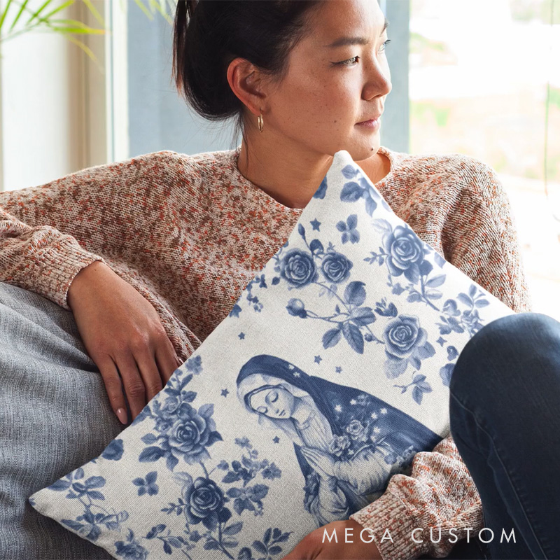 Personalized Virgin Mary Pillow with Name Religious Prayer Home Decor Blue Toile Style Catholic Lumbar Pillow Catholic Gifts for Women Mom