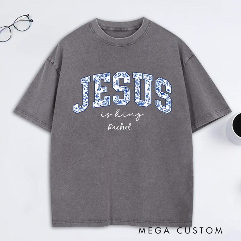 Personalized Jesus is King Toile Washed T-Shirt with Name Vintage Floral Christian Tee Religious Christian Gift