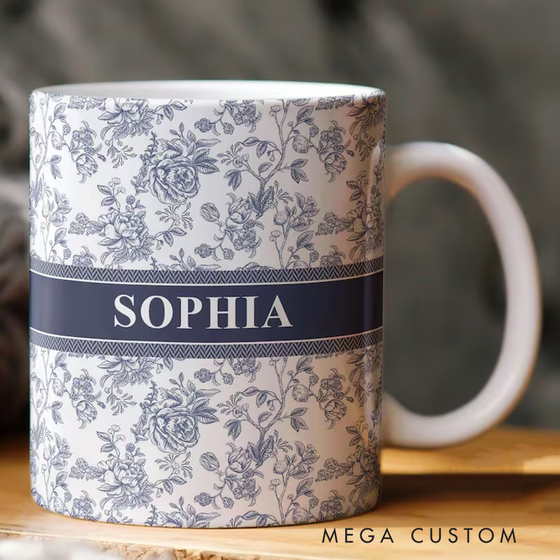 Personalised Name Toile De Jouy Ceramic Mug Birthday Gifts