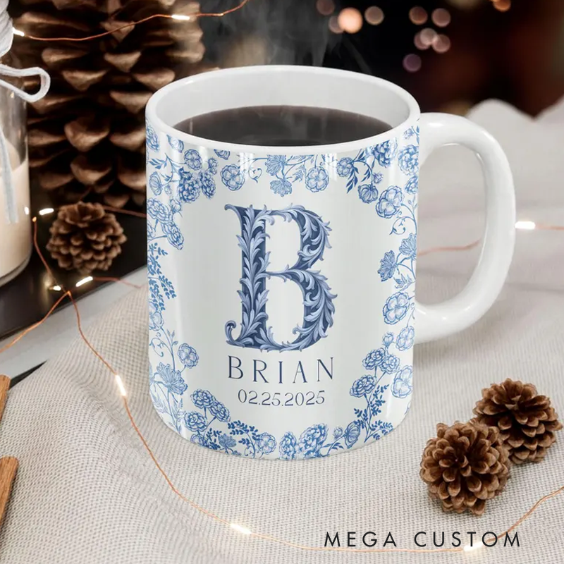 Personalized Monogram Mug Custom Name Mug Initial Letter Coffee Mug Blue Toile Mug 