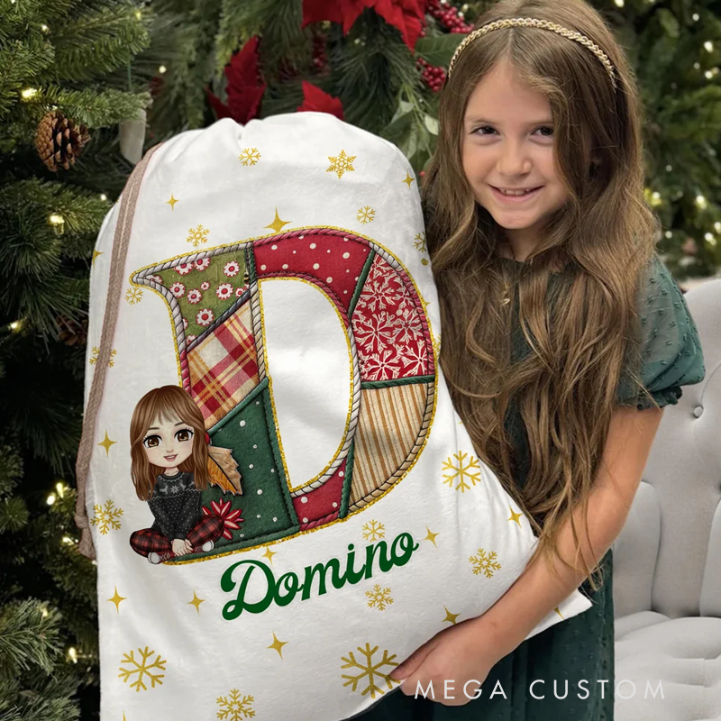 Personalized Christmas Cartoon Character Initial Canvas Drawstring Bag with Name Christmas 