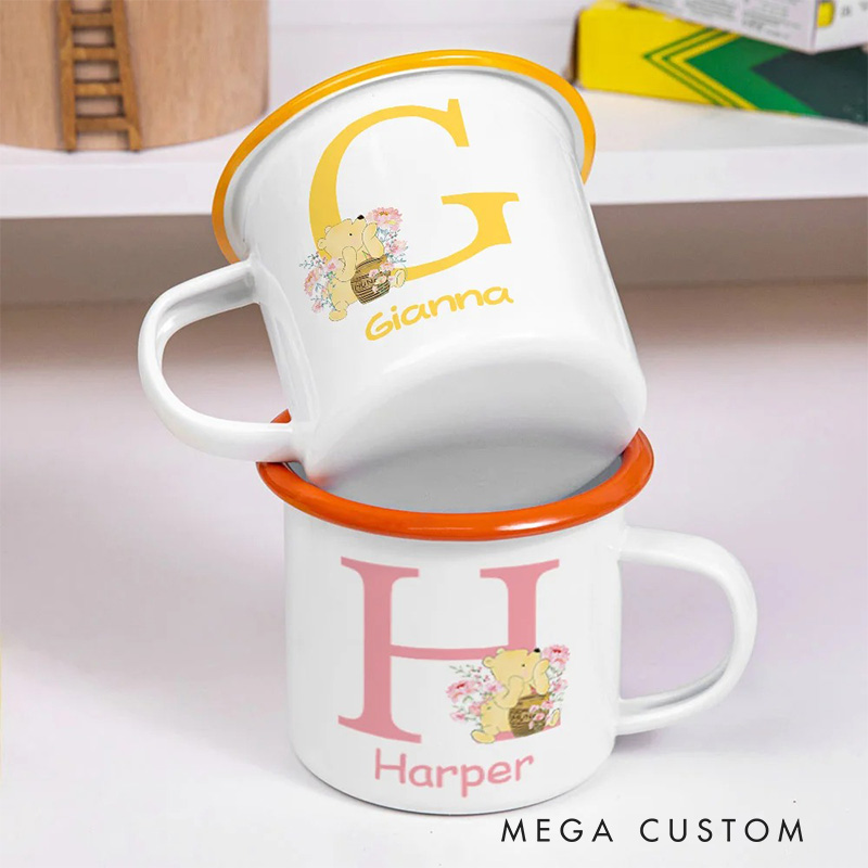 Personalized Cute Classic Bear Enamel Mug with Initial and Name Back to School Birthday Easter Gift for Kids