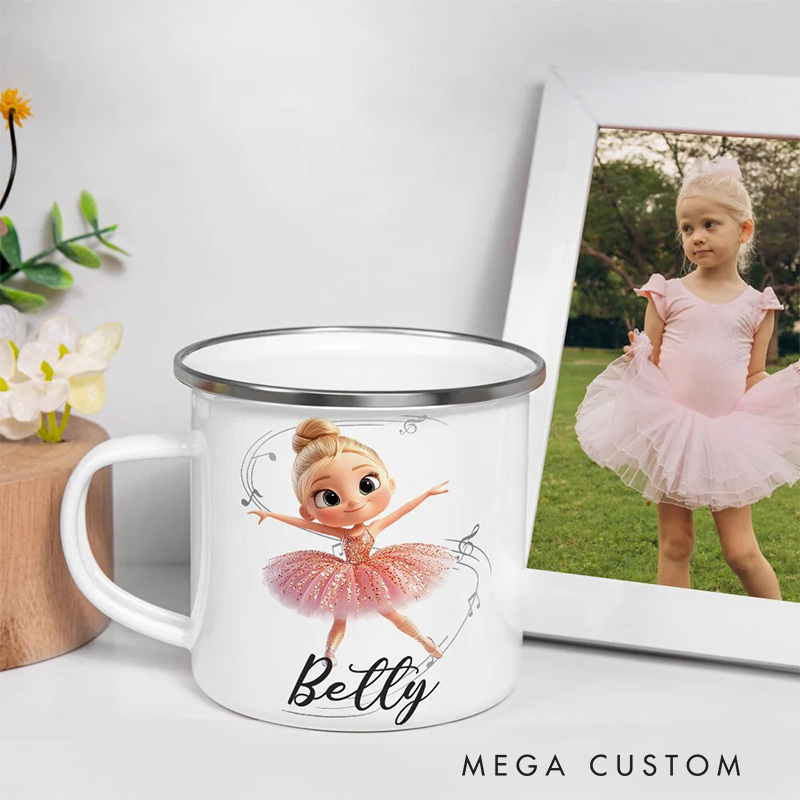 Personalized Cute Cartoon Ballet Girl Dance Lover Enamel Mug with Initial and Name Back to School Birthday Gift for Kids