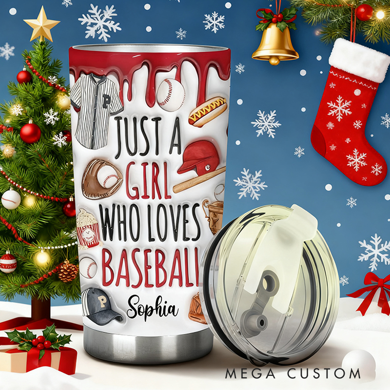 Personalized Baseball Tumbler with "Just a Girl Who Loves Baseball" Design and Custom Name