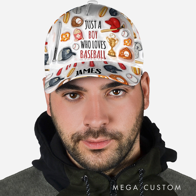 Personalized Baseball Cap with "Just a Boy Who Loves Baseball" Design and Custom Name